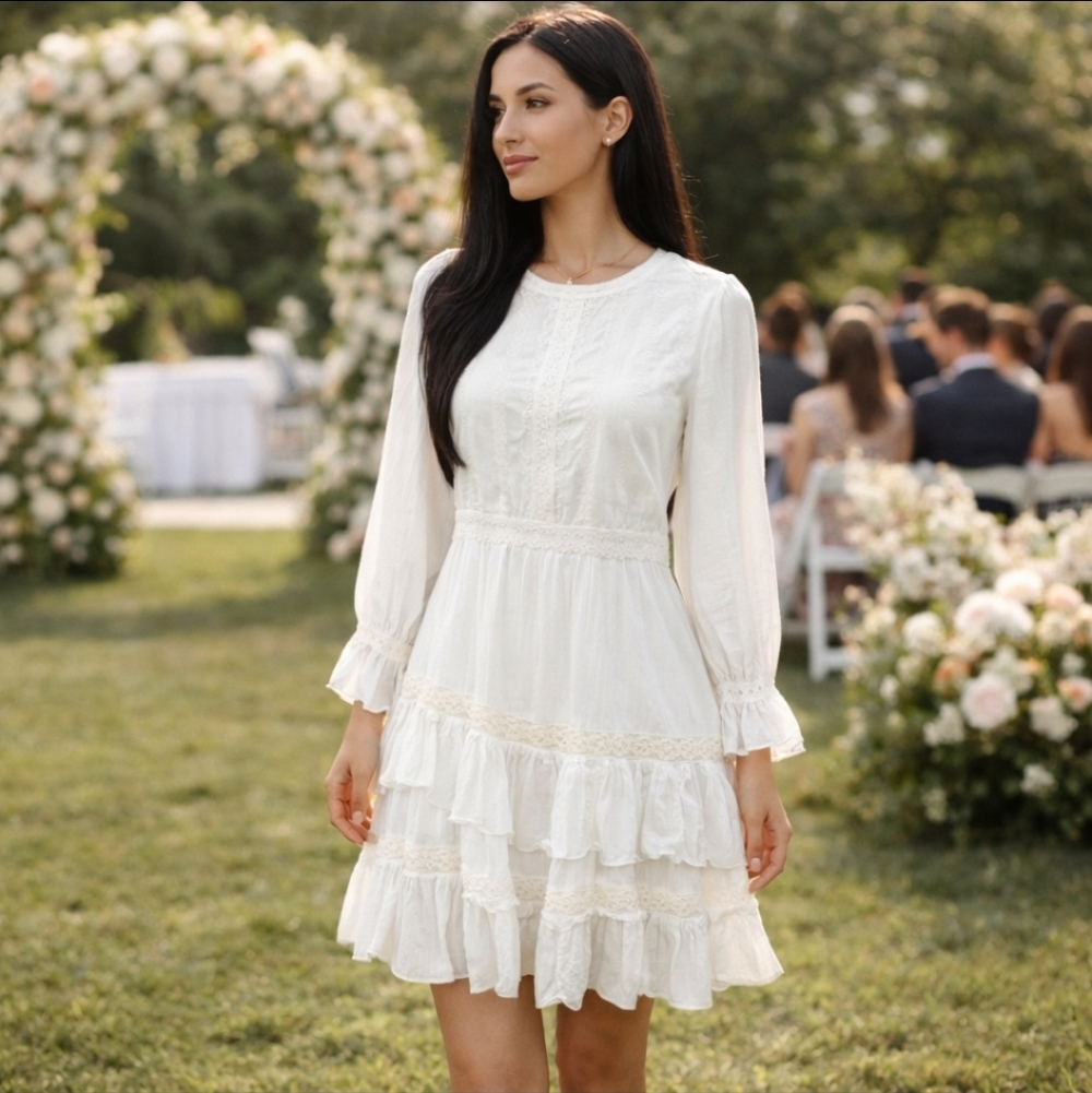 Anthropologie Ivory Ruffled Long-Sleeve Mini Dress